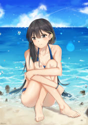 Rule 34 | 1girl, alternate costume, bad id, bad pixiv id, barefoot, beach, blue one-piece swimsuit, blue sky, breasts, brown eyes, brown hair, cleavage, closed mouth, cloud, collarbone, day, girls&#039; frontline, green hair, hair between eyes, highres, hugging own legs, long hair, looking at viewer, m4a1 (girls&#039; frontline), medium breasts, multicolored hair, ocean, one-piece swimsuit, outdoors, sidelocks, sitting, sky, sparkle, streaked hair, swimsuit, thighs, water drop, wet, wristband, yuuki mix