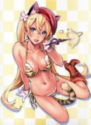 Rule 34 | 1girl, :d, absurdres, animal ears, animal print, arm support, bare shoulders, beret, bikini, blonde hair, boots, breasts, checkered background, cleavage, collarbone, full body, glasses, gloves, hair ornament, halterneck, hat, high heels, highres, holding, long hair, looking at viewer, medium breasts, navel, nishieda, open mouth, purple eyes, scan, shiny skin, side-tie bikini bottom, sitting, smile, solo, swimsuit, tail, tiger ears, tiger print, tiger tail, twintails, very long hair, wand, white gloves, yokozuwari