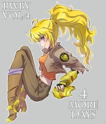 Rule 34 | 1girl, amputee, blonde hair, boots, brown footwear, brown jacket, brown pants, commentary, english text, full body, iesupa, insignia, jacket, knee boots, long hair, navel, pants, ponytail, purple eyes, rwby, shirt, solo, spoilers, t-shirt, yang xiao long