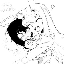 Rule 34 | 2girls, animal ears, blush, cheek-to-cheek, closed eyes, face, female focus, flying sweatdrops, greyscale, heads together, heart, hug, inaba tewi, long hair, monochrome, multiple girls, open mouth, rabbit ears, rabbit girl, rabbit tail, reisen udongein inaba, short hair, smile, spacezin, sweat, tail, touhou, very long hair
