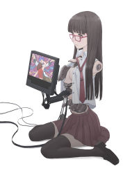 Rule 34 | 1girl, android, artist request, black thighhighs, blouse, blunt bangs, brown hair, cable, cameo, glasses, highres, joints, kaito (vocaloid), le0, long hair, mechanical parts, meiko (vocaloid), necktie, no arms, open clothes, open shirt, robot joints, shirt, sitting, skirt, solo, thighhighs, vocaloid, white background
