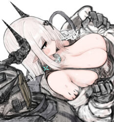 Rule 34 | 1girl, areola slip, arknights, bare shoulders, black collar, black gloves, black tank top, breasts, cleavage, collar, cool (ningen pump), demon horns, dutch angle, gloves, grey hair, hair ornament, horns, huge breasts, infection monitor (arknights), long hair, material growth, mudrock (arknights), mudrock (elite ii) (arknights), oripathy lesion (arknights), red eyes, simple background, sketch, solo focus, tank top, upper body, white background