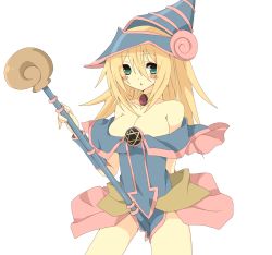 Rule 34 | 1girl, aqua eyes, bad id, bad pixiv id, bare shoulders, blonde hair, blush stickers, breasts, choker, cleavage, collarbone, dark magician girl, duel monster, hat, highres, large breasts, looking at viewer, pentacle, simple background, solo, staff, usame, white background, wizard hat, yu-gi-oh!, yu-gi-oh! duel monsters