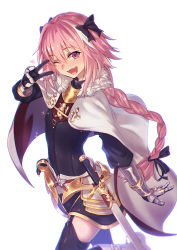 Rule 34 | 1boy, ;d, astolfo (fate), black bow, black thighhighs, blurry, bow, braid, cape, chromatic aberration, commentary request, depth of field, fang, fate/apocrypha, fate/grand order, fate (series), garter straps, hair bow, hair ribbon, highres, ibuki notsu, long hair, looking at viewer, male focus, one eye closed, open mouth, pink hair, purple eyes, ribbon, simple background, single braid, smile, solo, sparkle, standing, standing on one leg, thighhighs, trap, v over eye, white background