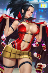 Rule 34 | 1girl, black choker, black hair, blurry, blurry background, boku no hero academia, breasts, brown eyes, cape, center opening, chest strap, choker, earrings, hair pulled back, highres, jewelry, large breasts, leotard, long hair, looking at viewer, navel, neoartcore, parted lips, ponytail, red cape, red leotard, solo, thigh strap, yaoyorozu momo