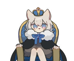 Rule 34 | 1girl, :3, animal ears, arm rest, black cape, black dress, blue crown, blue eyes, blue ribbon, blush, cape, cat ears, cat girl, chibi, crown, dress, feet out of frame, fur-trimmed cape, fur trim, grey hair, indie virtual youtuber, knees together feet apart, looking at viewer, neck ribbon, open mouth, pink eyes, ribbon, sayonaka (vtuber), sayonaka megumo, short dress, simple background, sitting, solo, throne, two-tone eyes, virtual youtuber, white background