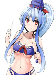 Rule 34 | 1girl, adapted costume, alternate hairstyle, bikini, blue bikini, blue hair, blush, book, breasts, cleavage, collarbone, commentary request, cowboy shot, hat, highres, holding, holding book, kamishirasawa keine, large breasts, long hair, looking at viewer, multicolored hair, navel, ponytail, red eyes, sidelocks, silver hair, smile, solo, stomach, swimsuit, touhou, two-tone hair, underboob, white background, y2