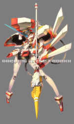 Rule 34 | arm up, breasts, cable, closed mouth, copyright name, darling in the franxx, grey background, highres, holding, holding polearm, holding weapon, horns, lance, legs apart, looking at viewer, mecha, medium breasts, no humans, orange eyes, polearm, robot, science fiction, simple background, single horn, solo, standing, strelizia, susagane, weapon
