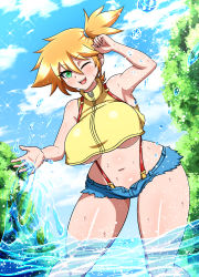 Rule 34 | 1girl, adapted costume, asymmetrical hair, bare arms, bare legs, blush, breasts, creatures (company), curvy, denim, denim shorts, game freak, green eyes, gym leader, highres, huge breasts, large breasts, legs, looking at viewer, misty (pokemon), navel, nintendo, one eye closed, open mouth, orange hair, paid reward available, pokemon, pokemon: the electric tale of pikachu, ponytail, shirt, short hair, short shorts, shorts, side ponytail, smile, solo, suspenders, tank top, thick thighs, thighs, underboob, wading, water, wet, wide hips, yellow shirt, yellow tank top, yensh