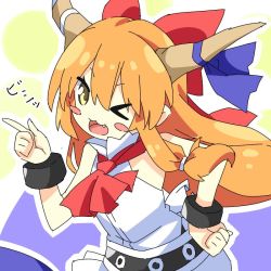 Rule 34 | &gt; o, 1girl, :3, ascot, blush stickers, bow, commentary request, cowboy shot, cuffs, fang, hair between eyes, hair bow, hand on own hip, horn bow, horn ornament, horns, ibuki suika, index finger raised, long hair, looking at viewer, one eye closed, open mouth, orange hair, purple bow, red bow, shackles, shirt, sidelocks, sleeveless, solo, tirotata, touhou, white shirt, yellow eyes
