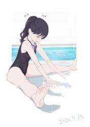 Rule 34 | 1girl, 2020, absurdres, barefoot, blue one-piece swimsuit, commentary request, dated, feet, foreshortening, fukumaru koito, full body, goggles, goggles around neck, highres, idolmaster, idolmaster shiny colors, karya, long hair, on floor, one-piece swimsuit, open mouth, ponytail, pool, purple hair, red eyes, sitting, soles, solo, stretching, swimsuit, toes, white background