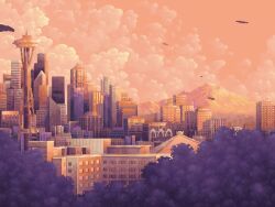 Rule 34 | animated, building, city, falling leaves, leaf, looping animation, mountain, myartbytes1, no humans, original, pink sky, pixel art, scenery, sky, tagme, tower, tree, video, wind