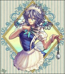 Rule 34 | 1girl, apron, black border, blue dress, blue eyes, border, bow, bowtie, braid, breasts, chain, commentary, dress, frilled apron, frills, green bow, green bowtie, hair between eyes, hair bow, hands up, holding, holding knife, holding weapon, izayoi sakuya, jubako (nest of boxes), knife, lips, looking at viewer, maid, maid apron, maid headdress, medium breasts, pocket watch, puffy short sleeves, puffy sleeves, shirt, short hair, short sleeves, silver hair, smile, solo, striped, striped background, touhou, twin braids, vertical stripes, waist apron, watch, weapon, white apron, white shirt, wrist cuffs