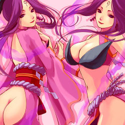 Rule 34 | 1girl, artist request, ass, ass cutout, breasts, butt crack, cleavage, clothing cutout, large breasts, lowres, no panties, ookami (game), purple eyes, purple hair, sakuya (ookami)