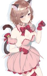 Rule 34 | 1girl, absurdres, animal ears, bell, bow, bowtie, breasts, bridal garter, brown hair, cat ears, cat girl, claw pose, cleavage, cosplay, cowboy shot, detached collar, detached sleeves, dress, drop shadow, frown, gloves, hair ornament, hairclip, hand up, highres, higuchi madoka, idolmaster, idolmaster shiny colors, kakeru (fujiwara kakeru), medium breasts, mew ichigo, mew ichigo (cosplay), mole, mole under eye, pink dress, puffy detached sleeves, puffy sleeves, purple eyes, red bow, red bowtie, red gloves, short hair, simple background, solo, strapless, strapless dress, sweatdrop, tail, tail bell, tail bow, tail ornament, tokyo mew mew, white background