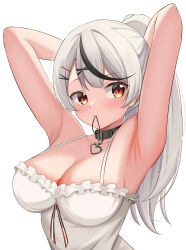 Rule 34 | 1girl, 9696k, absurdres, adjusting hair, armpits, arms behind head, arms up, belt collar, black collar, black hair, breasts, camisole, cleavage, collar, grey hair, hair ornament, hairpin, highres, hololive, large breasts, long hair, looking at viewer, mouth hold, multicolored hair, orange hair, ponytail, sakamata chloe, sakamata chloe (1st costume), solo, streaked hair, virtual youtuber, white background, white camisole, x hair ornament