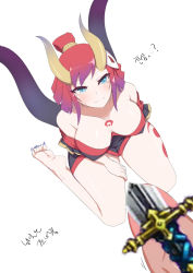 Rule 34 | 1girl, barefoot, blood moon evelynn, blue eyes, blush, body markings, breasts, breasts apart, censored, chest tattoo, cleavage, criss (pixiv), demon horns, erection, evelynn (league of legends), from above, hair tie, horns, japanese clothes, kimono, large breasts, league of legends, light blush, light smile, looking up, mask, nail polish, novelty censor, off shoulder, oni, penis, red hair, sharp toenails, tattoo, toenails
