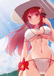 Rule 34 | 1girl, bikini, breasts, cattleya (flower knight girl), closed mouth, cloud, day, flower, flower knight girl, front-tie bikini top, front-tie top, furrowed brow, gluteal fold, hair flower, hair ornament, hat, jewelry, kusumoto miya, large breasts, long hair, looking at viewer, navel, necklace, outdoors, red eyes, red hair, sky, solo, summer, sun hat, swimsuit, white bikini, white hat