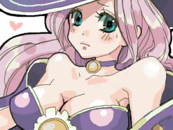 Rule 34 | 1girl, alicia (rune factory), artist request, breasts, cleavage, green eyes, hat, large breasts, long hair, lowres, purple hair, rune factory, rune factory 2, solo, witch, witch hat
