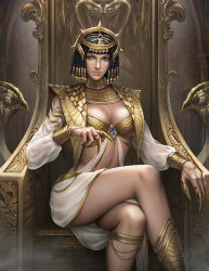 Rule 34 | 1girl, black hair, blue eyes, braid, breasts, chair, goatwillow, headdress, highres, jewelry, large breasts, navel, original, sitting, solo, thighs, throne, translucent clothes, wristband