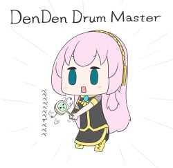 Rule 34 | 1girl, absurdres, aqua eyes, arm warmers, black shirt, black skirt, black thighhighs, boots, chibi, commentary, flat color, full body, gold trim, hatsune negame, headphones, highres, holding, holding instrument, instrument, knee boots, long hair, megurine luka, open mouth, pink hair, rattle drum, shirt, short sleeves, side slit, single arm warmer, skirt, solid oval eyes, solo, standing, thighhighs, v-shaped eyebrows, very long hair, vocaloid