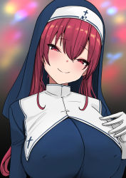Rule 34 | 1girl, alternate eye color, blush, breasts, gloves, h2o (ddks2923), highres, hololive, houshou marine, houshou marine (nun), large breasts, looking at viewer, nun, red eyes, red hair, smile, solo, traditional nun, twintails, veil, virtual youtuber, white gloves