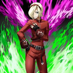 Rule 34 | 1boy, ash crimson, belt, black gloves, black nails, blonde hair, blue eyes, bodysuit, closed mouth, commentary request, cowboy shot, gloves, hairband, hand on own hip, iwa-saka, looking at viewer, m.u.g.e.n, male focus, multicolored background, red bodysuit, red hairband, red vest, short hair, solo, the king of fighters, variant set, vest