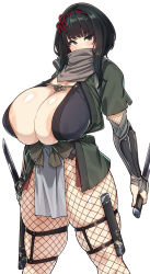 Rule 34 | 1girl, areola slip, arm guards, black eyes, black hair, blush, breasts, cleavage, cowboy shot, curvy, dagger, fishnet gloves, fishnet pantyhose, fishnets, gloves, groin, hair ornament, hair ribbon, highres, huge areolae, huge breasts, japanese clothes, knife, konoshige (ryuun), kunoichi (konoshige), looking at viewer, medium hair, ninja, no panties, open clothes, original, pantyhose, pelvic curtain, revealing clothes, ribbon, scarf, scarf over mouth, sheath, shiny skin, sidelocks, skindentation, solo, standing, tanto, thick thighs, thigh strap, thighs, weapon, white background, wide hips