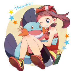 Rule 34 | 1girl, bike shorts, blush, bow hairband, breasts, brown hair, closed mouth, commentary request, creatures (company), fanny pack, game freak, gen 3 pokemon, hairband, hug, marshtomp, may (pokemon), nintendo, one eye closed, pokemon, pokemon (creature), pokemon oras, popcorn 91, red hairband, red shirt, shirt, shoes, sleeveless, sleeveless shirt, star (symbol), thank you