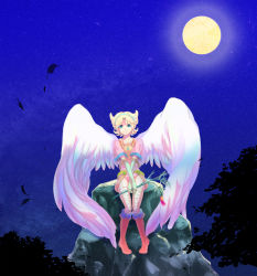 Rule 34 | 1girl, angel wings, anzuni (marblefrog), armor, bandages, blonde hair, boots, breath of fire, breath of fire i, closed mouth, commentary request, elbow gloves, gloves, green eyes, hairband, knee boots, leotard, looking at viewer, moon, nina (breath of fire i), rock, short hair, smile, solo, thighhighs, white wings, wings