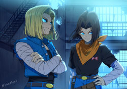Rule 34 | 1boy, 1girl, android 17, android 18, arm at side, backlighting, bad id, bad pixiv id, bandana, belt, black hair, black shirt, blonde hair, blue eyes, brother and sister, building, commentary, denim, denim skirt, dragon ball, dragonball z, english commentary, evil smile, factory, fanny pack, glowing, glowing eyes, hand on own hip, indoors, jeans, libeuo (liveolivel), long sleeves, looking away, neckerchief, orange bandana, orange neckerchief, pants, red ribbon army, shaded face, shirt, short hair, siblings, skirt, smile, stairs, standing, straight hair, striped, striped sleeves, twins, twitter username, upper body, window