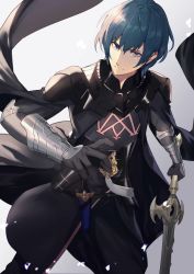 Rule 34 | 1boy, 5koji, armor, black armor, black gloves, blue eyes, blue hair, byleth (fire emblem), byleth (male) (fire emblem), cape, dagger, fire emblem, fire emblem: three houses, gloves, greaves, grey background, heroes relic (fire emblem), holding, holding sword, holding weapon, knife, looking at viewer, nintendo, sheath, sheathed, simple background, sword, sword of the creator, weapon