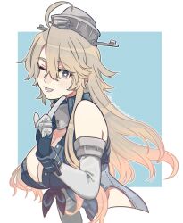 Rule 34 | 1girl, ahoge, bare shoulders, blonde hair, blue eyes, blush, breasts, cleavage, cropped legs, elbow gloves, front-tie top, gloves, hair between eyes, headgear, index finger raised, iowa (kancolle), kantai collection, large breasts, long hair, looking at viewer, one eye closed, open mouth, sagamiso, simple background, solo, star-shaped pupils, star (symbol), symbol-shaped pupils, two-tone background