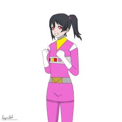 Rule 34 | 1girl, artist name, artist request, black hair, blush, bow, breasts, cosplay, denji sentai megaranger, female focus, hair between eyes, hair bow, leopauldelr, long hair, looking at viewer, love live!, love live! school idol project, megapink, megapink (cosplay), parted lips, red eyes, short hair, short twintails, smile, solo, super sentai, twintails, yazawa nico