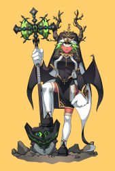 Rule 34 | 1girl, absurdres, axe, book, branch, chain, choker, colored skin, covered navel, cross, cyclops, darros, gloves, green hair, highres, holding, holding axe, holding book, holding shovel, holding weapon, horns, monster girl, nun, one-eyed, orange eyes, original, parted lips, plant, red skin, rock, sharp teeth, short hair, shovel, simple background, solo, spiked choker, spikes, standing, teeth, thighhighs, vines, weapon, white gloves, white thighhighs, yellow background