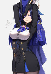 Rule 34 | 1girl, absurdres, aoikito lavender086, arms up, black dress, black pantyhose, blue cape, blue hair, blue headwear, blush, breasts, cape, clorinde (genshin impact), dress, genshin impact, highres, large breasts, long hair, long sleeves, looking at viewer, pantyhose, purple eyes, simple background, smile, solo, vision (genshin impact)
