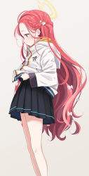 Rule 34 | 1girl, abe kanari, black skirt, blue archive, blue eyes, bow, braid, feet out of frame, forehead, from side, hair bow, halo, highres, hood, hooded jacket, jacket, light blush, light brown background, long hair, long sleeves, looking down, multiple hair bows, parted bangs, pleated skirt, red hair, simple background, skirt, solo, very long hair, white bow, white jacket, yuzu (blue archive)