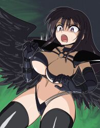 Rule 34 | 1girl, absurdres, angel, angel wings, armor, belt, bikini, black armor, black belt, black bikini, black choker, black gloves, black hair, black thighhighs, black wings, breasts, choker, cleavage, commentary request, dated, elbow gloves, fallen angel, feathered wings, gloves, hair between eyes, high school dxd, highres, kouma bonmaid, large breasts, long hair, looking to the side, open mouth, pink eyes, raynare, revealing clothes, shoulder armor, solo, swimsuit, thighhighs, thighs, wings
