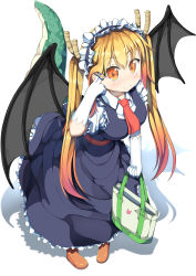 Rule 34 | 10s, 1girl, antlers, bag, belt, black wings, blonde hair, blue dress, blush, breasts, brown footwear, collared shirt, commentary request, dragon girl, dragon horns, dragon tail, dress, frilled dress, frilled hairband, frilled shirt, frilled sleeves, frills, full body, gloves, gradient hair, hairband, highres, holding, holding bag, horns, kobayashi-san chi no maidragon, large breasts, large tail, long hair, looking at viewer, maid headdress, minamikaze, multicolored hair, necktie, pointing, pointing at self, red belt, red eyes, red hair, red necktie, shirt, shoes, short hair, simple background, sleeveless, sleeveless dress, smile, solo, square necktie, standing, streaked hair, tail, tohru (maidragon), twintails, white background, white gloves, white shirt, wings