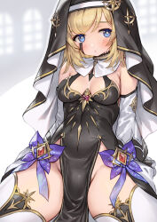 1girl absurdres black_dress black_tears black_veil blonde_hair blue_eyes blush breasts celestine_(letmebid) closed_mouth cross-shaped_pupils crying crying_with_eyes_open detached_sleeves dress gem gougasha_akira habit highres long_hair long_sleeves looking_at_viewer medium_breasts neck_tattoo nun original pelvic_curtain puffy_long_sleeves puffy_sleeves red_gemstone sitting solo symbol-shaped_pupils tattoo tears thick_thighs thighhighs thighs veil white_sleeves white_thighhighs