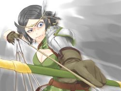 Rule 34 | 1girl, archery, arrow (projectile), bad id, bad pixiv id, black hair, blue eyes, bow (weapon), breasts, circlet, cleavage, cleavage cutout, clothing cutout, crazy eyes, drawing bow, feather hair ornament, feathers, fire emblem, fire emblem awakening, gloves, hair in own mouth, holding bow (weapon), large breasts, nintendo, noire (fire emblem), sasasayama, short hair, solo, weapon