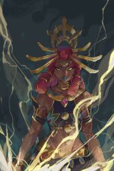 Rule 34 | 1girl, blue lips, crop top, cropped legs, dark-skinned female, dark skin, electricity, gerudo, green eyes, hair ornament, highres, jewelry, long hair, makeup, midriff, neck ring, nintendo, pointy ears, red hair, riju, shadowyahaha, solo, standing, the legend of zelda, the legend of zelda: tears of the kingdom, thick eyebrows