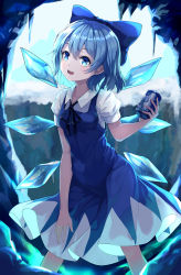 Rule 34 | 1girl, :d, black ribbon, blue bow, blue dress, blue eyes, blue hair, bow, breasts, can, chinese commentary, cirno, commentary request, dress, feet out of frame, hair between eyes, hair bow, hand up, highres, holding, holding can, ice, ice wings, looking at viewer, neck ribbon, open mouth, pinafore dress, puffy short sleeves, puffy sleeves, ribbon, shirt, short hair, short sleeves, sleeveless dress, small breasts, smile, snozaki, solo, standing, touhou, white shirt, wings