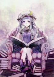 Rule 34 | 1girl, bare legs, book, childofa, couch, crescent, female focus, full body, gloves, hat, long hair, looking at viewer, open book, patchouli knowledge, purple eyes, purple hair, sitting, solo, touhou, very long hair