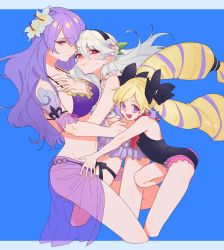 Rule 34 | 3girls, bikini, black one-piece swimsuit, black ribbon, blonde hair, blue background, breasts, camilla (fire emblem), camilla (summer) (fire emblem), corrin (female) (fire emblem), corrin (female) (summer) (fire emblem), corrin (fire emblem), drill hair, elise (fire emblem), elise (summer) (fire emblem), fire emblem, fire emblem fates, fire emblem heroes, flat chest, flower, hair flower, hair ornament, hair ribbon, highres, hug, itou (very ito), large breasts, looking at viewer, medium breasts, multiple girls, nintendo, official alternate costume, one-piece swimsuit, pointy ears, purple bikini, purple eyes, purple hair, red eyes, ribbon, see-through, silver hair, simple background, swimsuit, thighs, white bikini