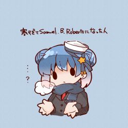 Rule 34 | 1girl, black coat, bloom2425, blue background, blue hair, blue scarf, chibi, closed mouth, coat, commentary request, double bun, hair bun, kantai collection, necktie, red necktie, samuel b. roberts (kancolle), scarf, short hair, simple background, solo, steam, upper body