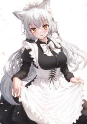 Rule 34 | 1girl, absurdres, animal ear fluff, animal ears, apron, bae.c, black dress, blush, bow, bowtie, breasts, brown eyes, commentary, dress, english commentary, extra ears, frilled apron, frills, highres, juliet sleeves, large breasts, long hair, long sleeves, looking at viewer, maid, maid headdress, mixed-language commentary, nail polish, original, parted lips, pinafore dress, puffy sleeves, silver hair, skirt basket, skirt hold, sleeveless dress, solo, tail, very long hair, white apron, white background, white bow, white bowtie, wolf ears, wolf tail, yellow nails