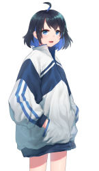 Rule 34 | 1girl, :d, arka91, blue eyes, blue hair, bob cut, hands in pockets, highres, honkai (series), honkai impact 3rd, jacket, long sleeves, looking at viewer, medium hair, open mouth, seele vollerei, simple background, smile, solo, white background, white jacket