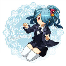 Rule 34 | blue hair, flower, formal, hair over one eye, illi44, inazuma eleven, inazuma eleven (series), kazemaru ichirouta, male focus, ponytail, red eyes, shorts, solo, suit, thighhighs