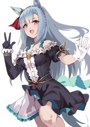 Rule 34 | 1girl, :d, animal ears, asymmetrical gloves, asymmetrical sleeves, black gloves, blue hair, blush, braid, crown braid, from side, gloves, highres, horse ears, horse girl, horse tail, long hair, looking at viewer, mejiro ardan (umamusume), mismatched gloves, miya star saa, open mouth, purple eyes, simple background, smile, solo, tail, umamusume, v, white background, white gloves